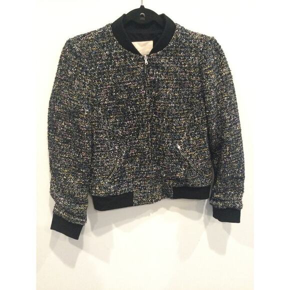 Rebecca Taylor multi tweed bomber jacket sz 4 short black cotton zip up textured - Picture 2 of 15